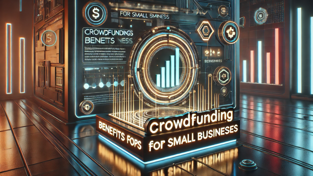Futuristic 3D sci-fi image showcasing the benefits of crowdfunding for small businesses with digital funding graphs and neon lights.